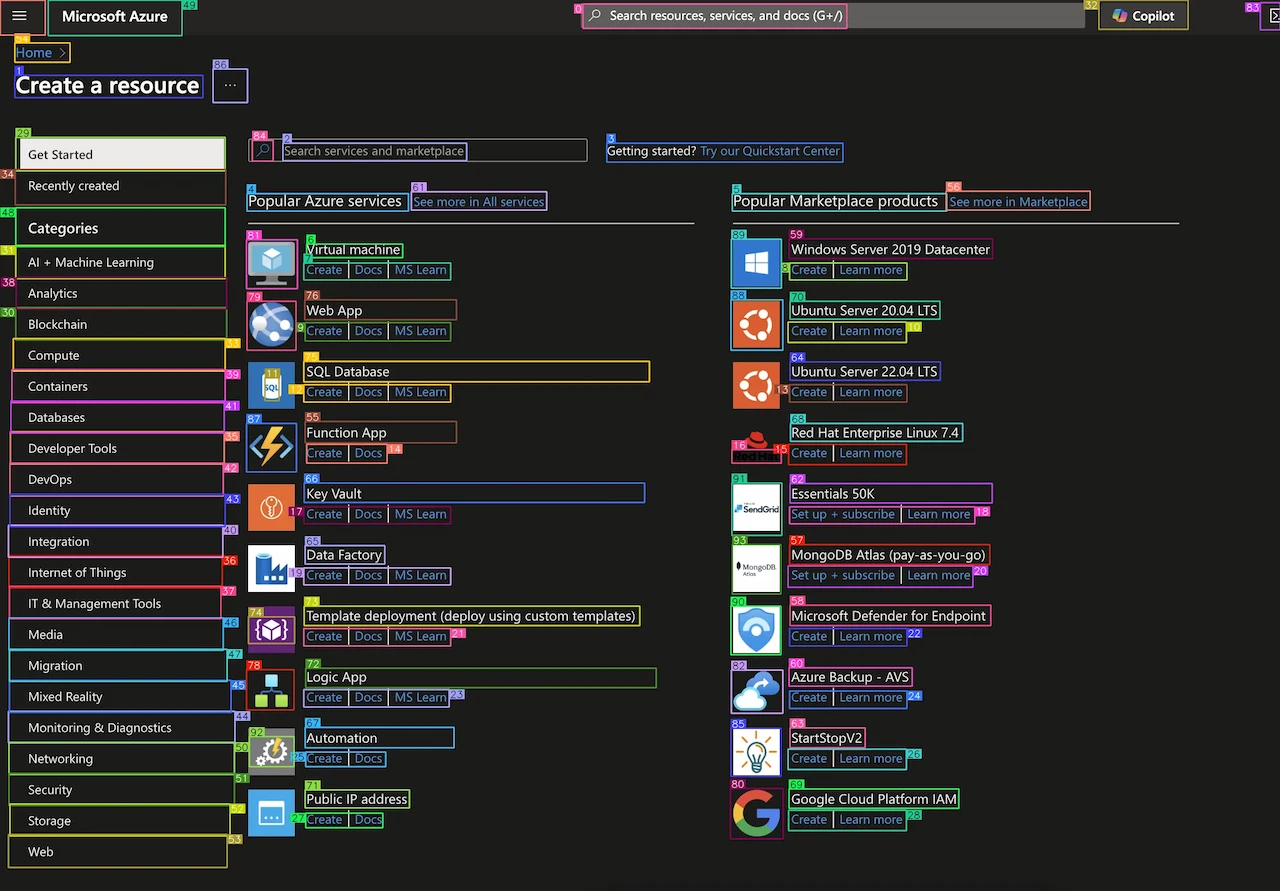 Example of OmniParser v2 results showing the parsed elements of the Azure portal website
